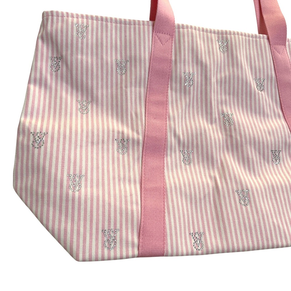 Victoria's Secret Pink Striped Canvas Tote Bag Rhinestone Accent Zip Closure - Picture 2 of 12